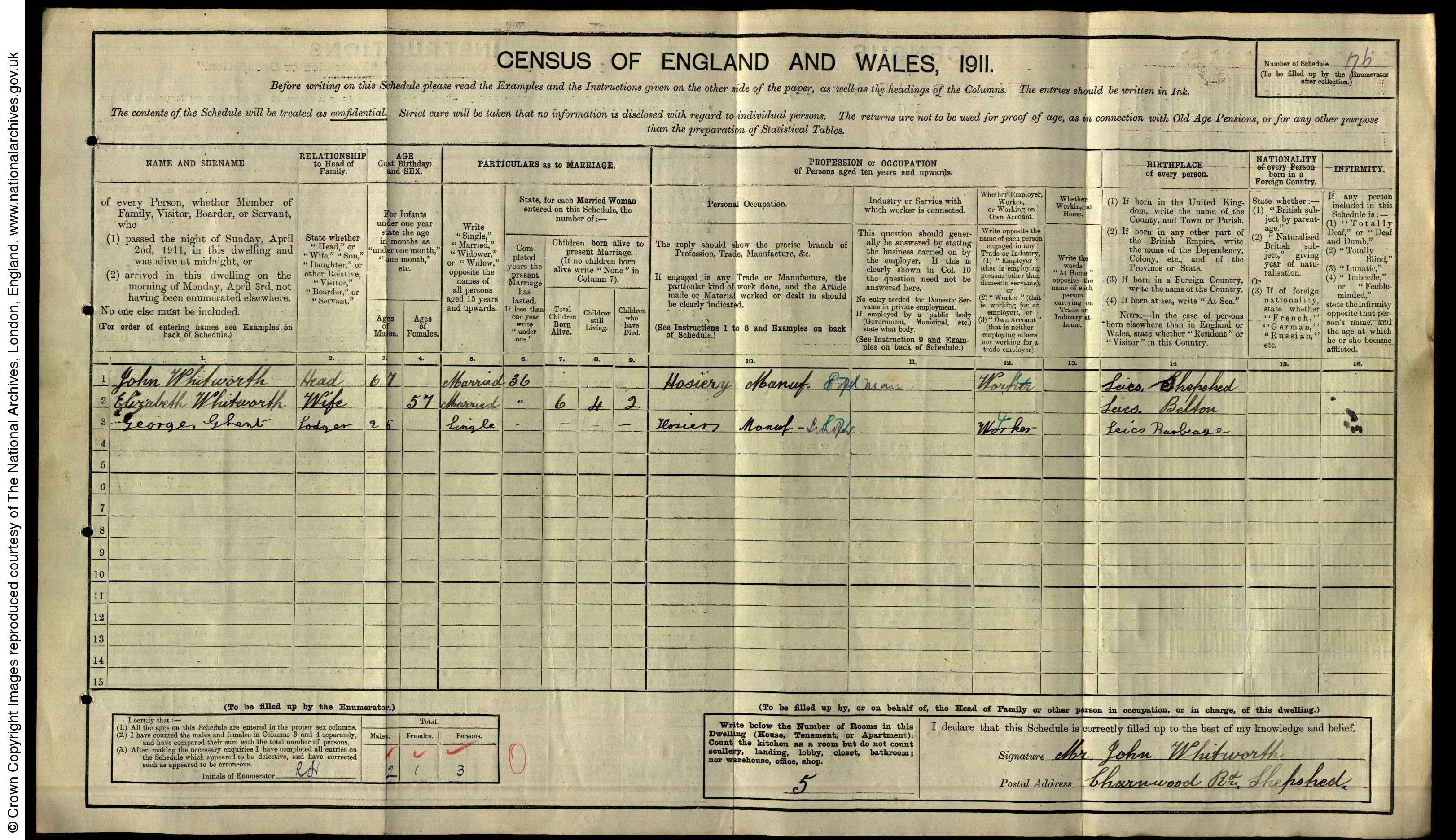 John Whitworth - Elizabeth Hall 1911 Census
