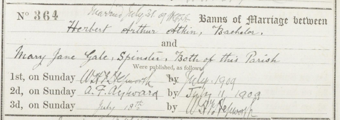 Hertbert Arthur Atkin - Mary Jane Gale - Banns
