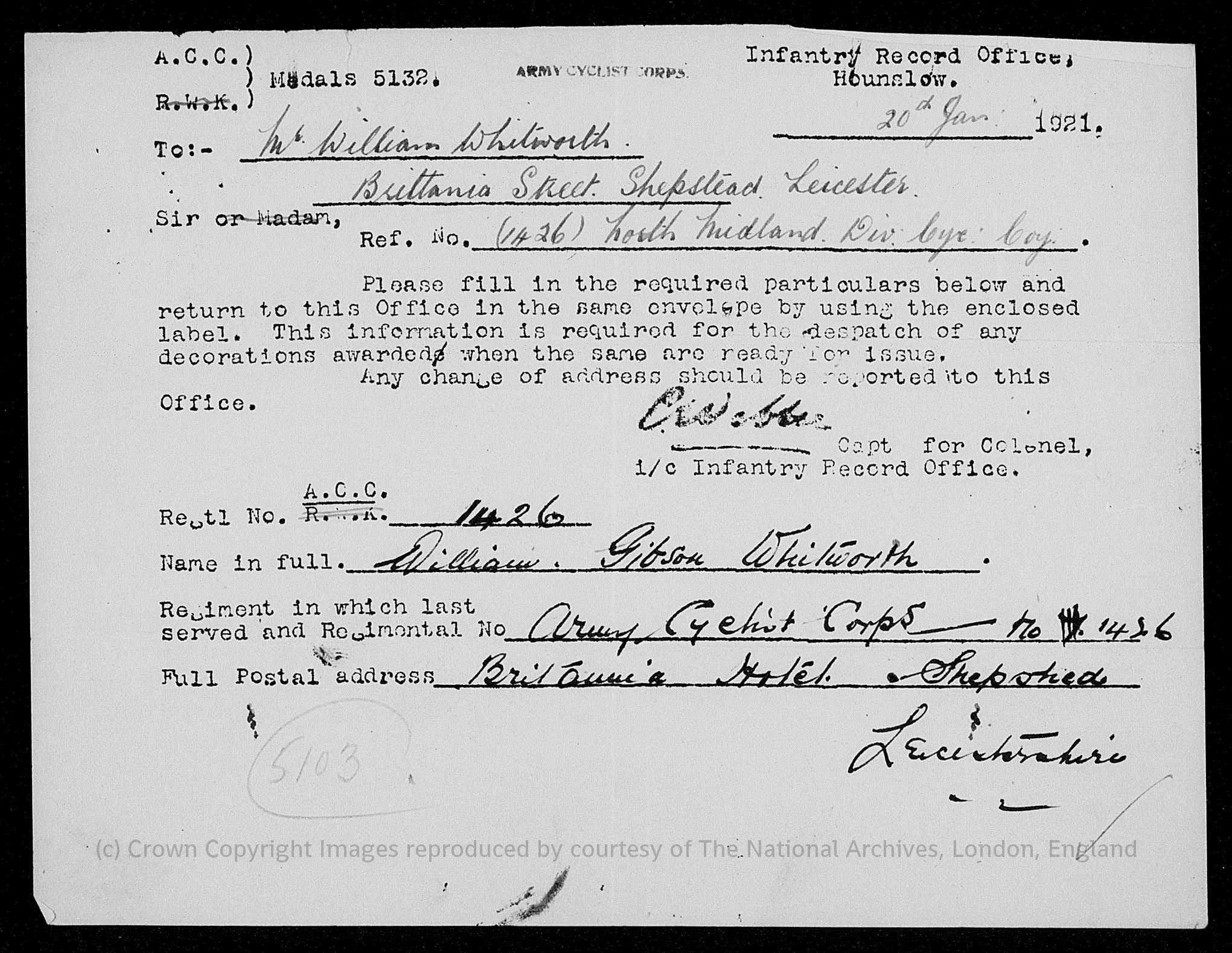 William Whitworth Army Record 2